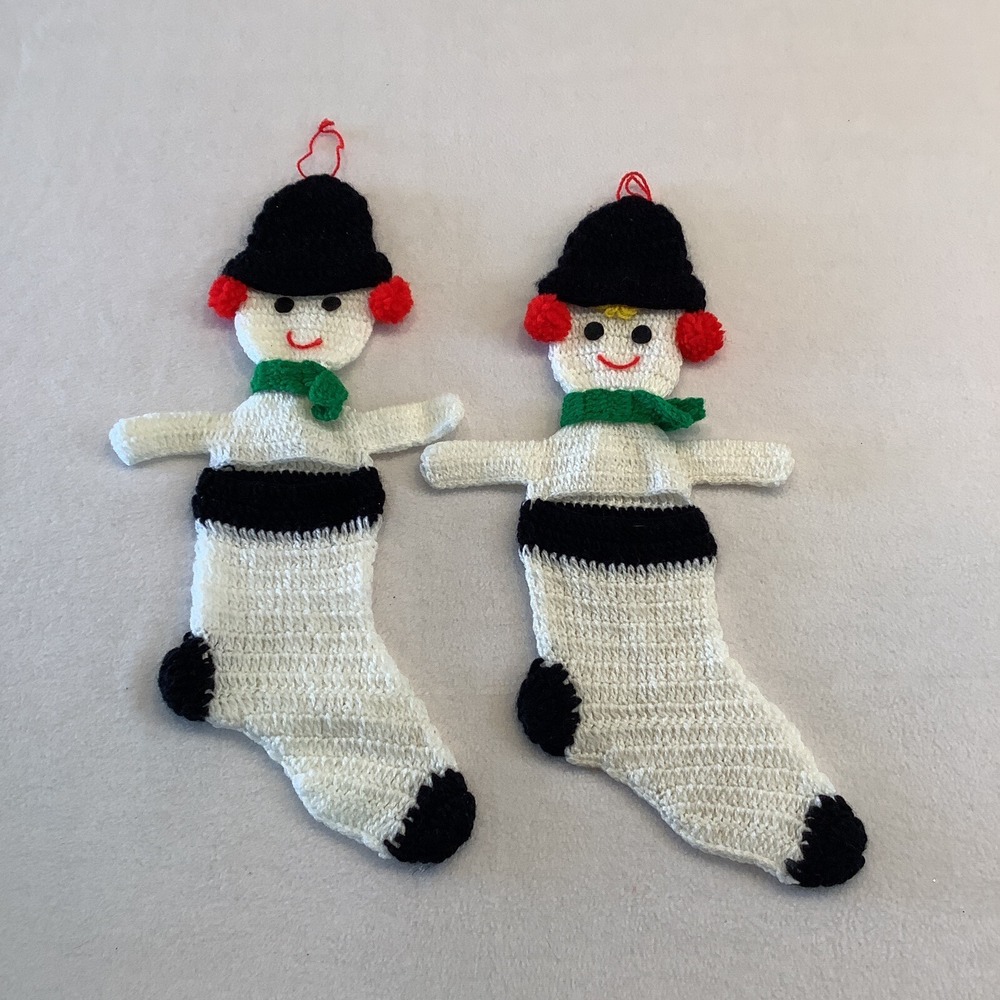 Set Of 2 Snowman Christmas Stockings Handmade Crocheted Holiday
